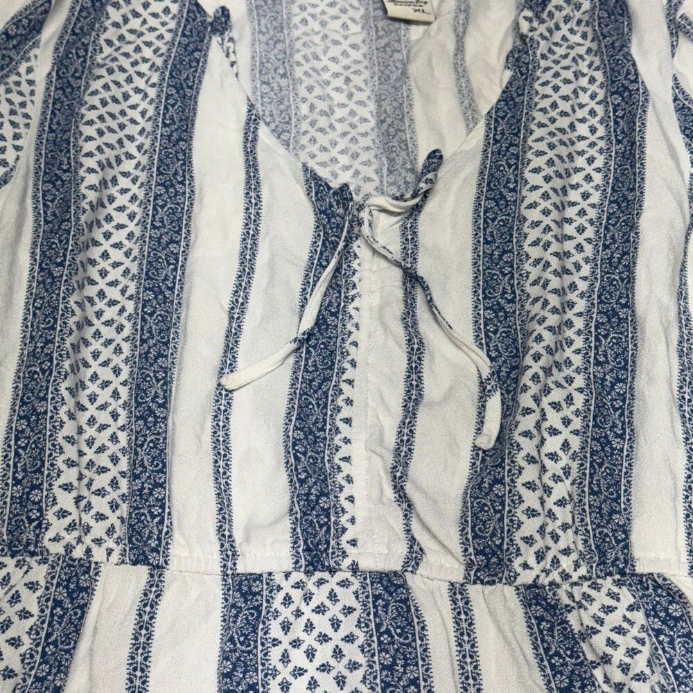 American Rag Boho Peasant Blouse Blue White Stripe Ruffle Neck Hippie Top XL